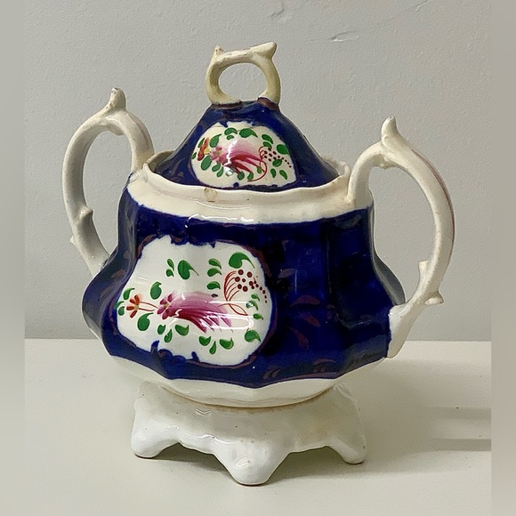 19th Century Vintage Gaudy Welsh Feather Pattern Handled Lidded Sugar Bowl - Picture 6 of 16